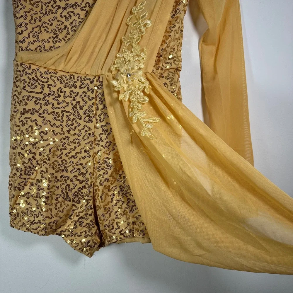 Alexandra Collection Gold Sequin Dance Romper One Sleeve Costume‎ Girls 14